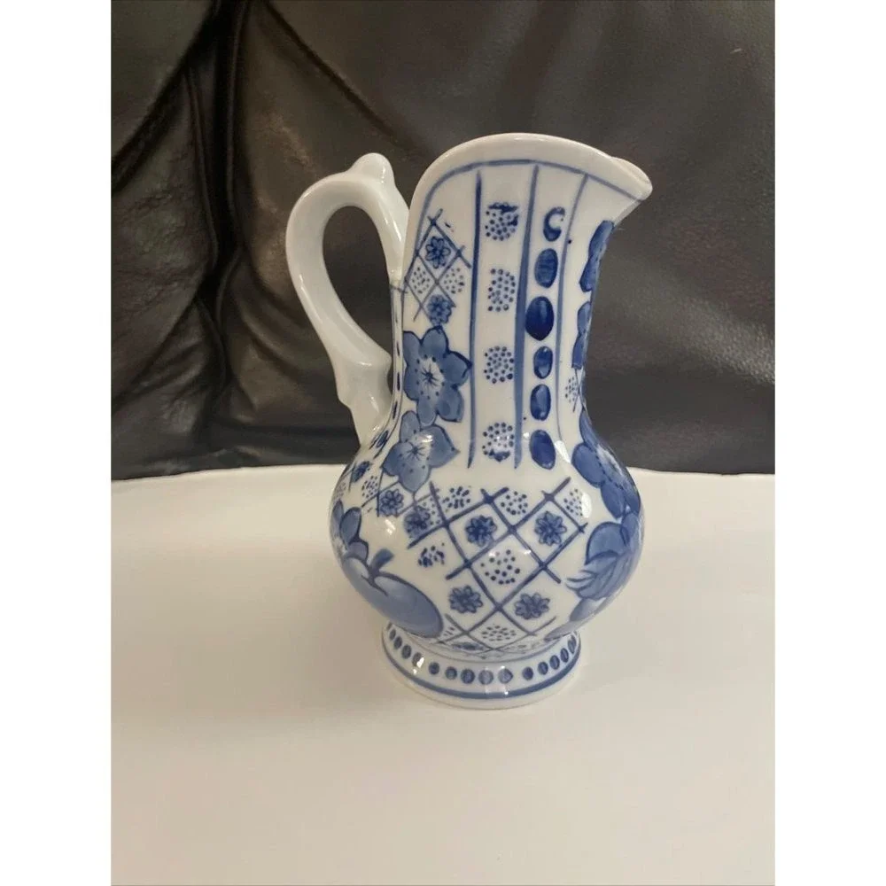Blue White Ceramic Pitcher Floral Pattern Vintage Decorative Tableware